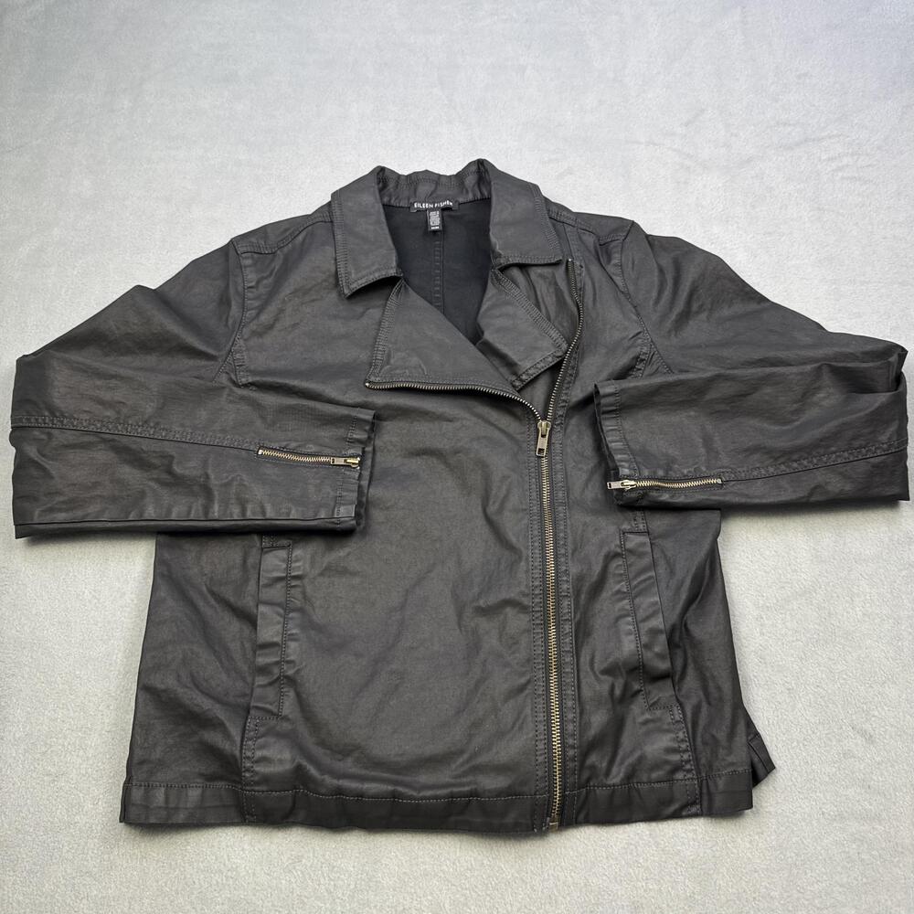 Eileen Fisher Jacket Womens Medium Black Moto Asymmetrical Waxed Linen Biker
